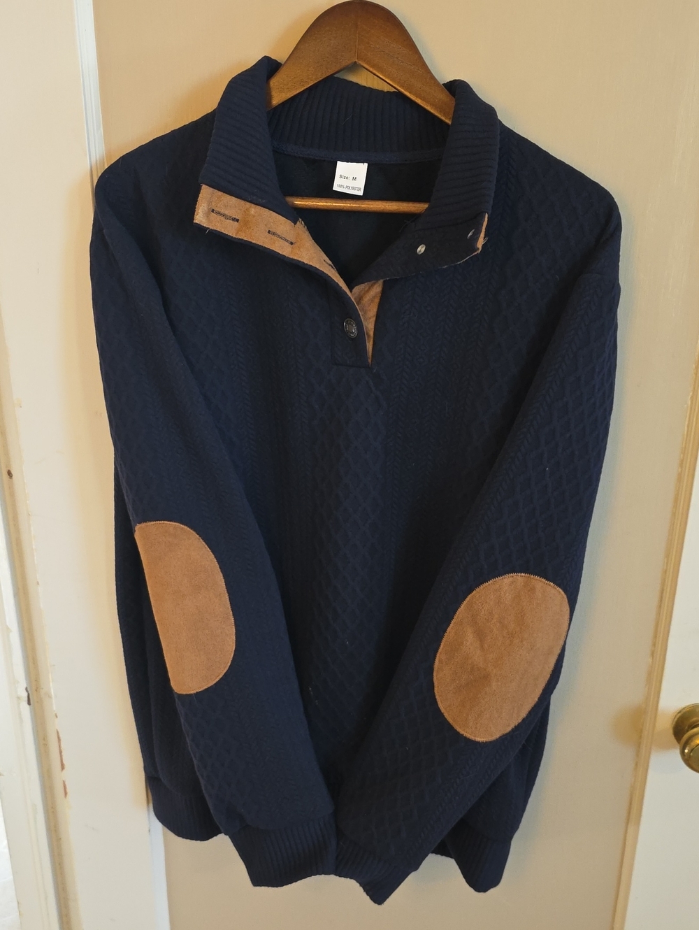 Navy Quilted Pullover Sweater with Tan Elbow Patches